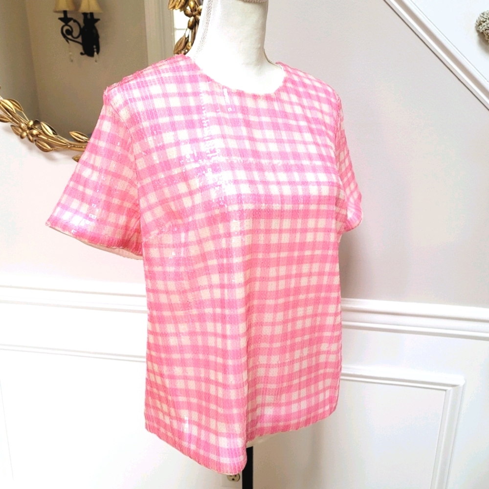🆕 J Crew Sequin Gingham Plaid Top Pink Ivory